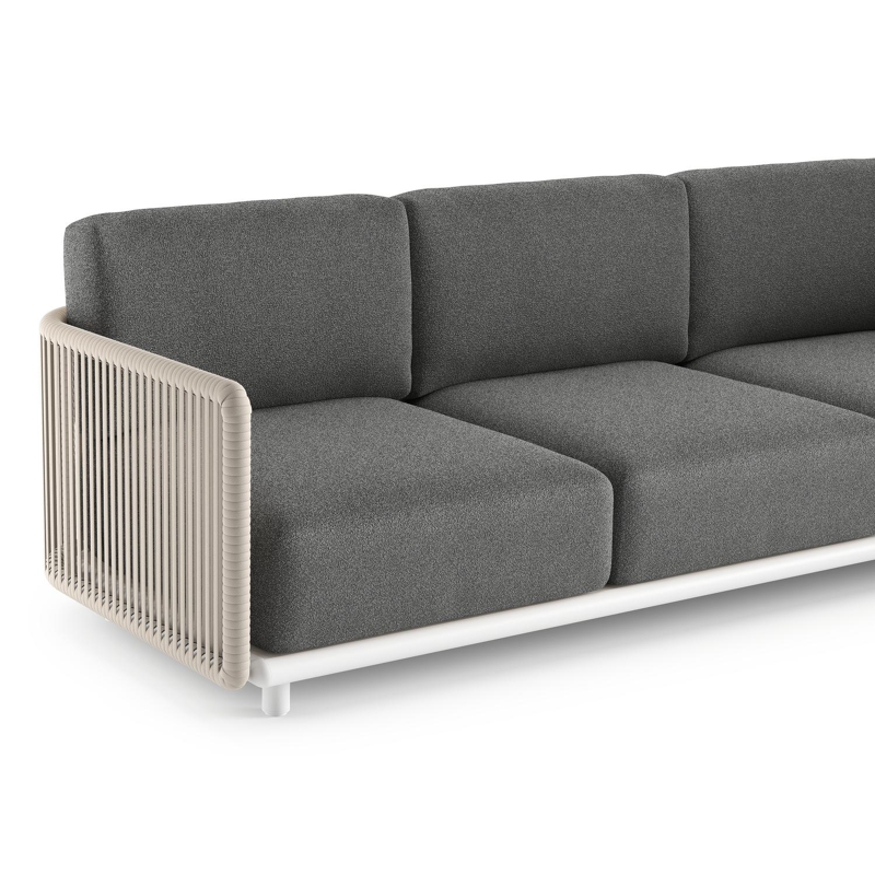 Salon de jardin Organo en aluminium blanc et corde luxe plate tissée verticalement beige et coussin en all weather Cosytica catania black