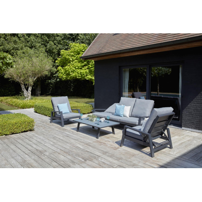 Canapé de jardin avec dossier réglable Veneto 3-pl en aluminium noir avec coussin en weather+ softtouch gris
