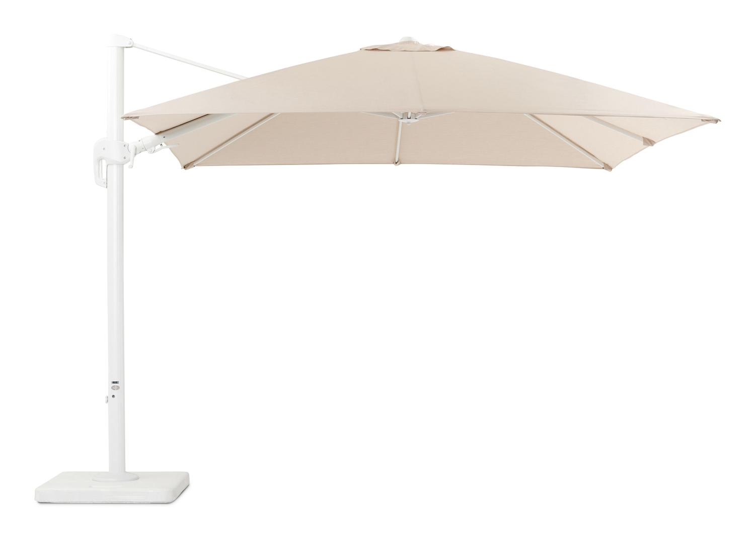 Rufina zweefparasol met tiltfunctie in wit aluminium met beige all weather sunbrella® premium parasoldoek - L1: 300 x L2: 300 cm (met voet)