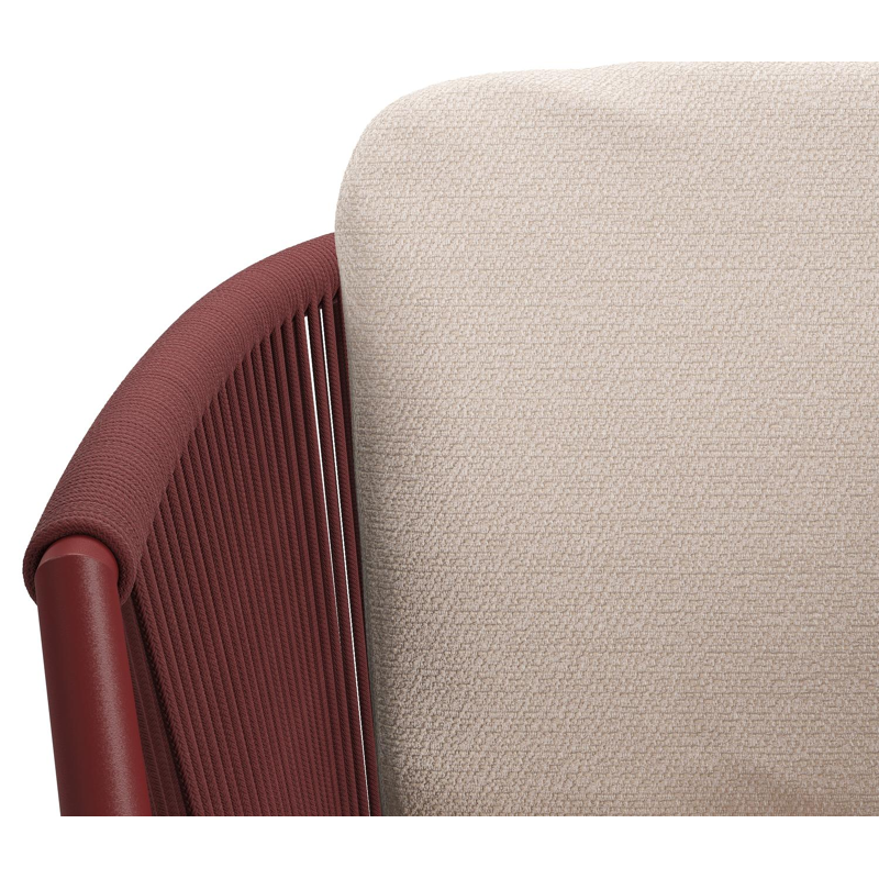 Orso tuinstoel in ruby aluminium en ruby verticaal geweven ronde rope met luxe zitkussen in All Weather Sunbrella® Luxe Wander Pilat