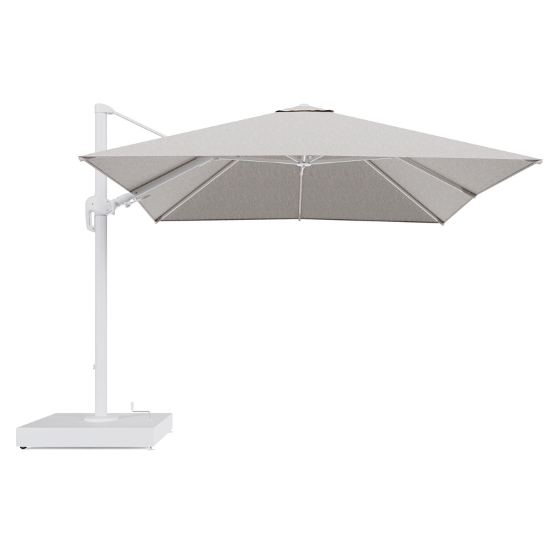 Rufina zweefparasol met tiltfunctie in wit aluminium en Tundra Sand All Weather Sunbrella® Luxe parasoldoek - L1 300 x L2 300 cm met parasolvoet Minore 260 kg met wielen