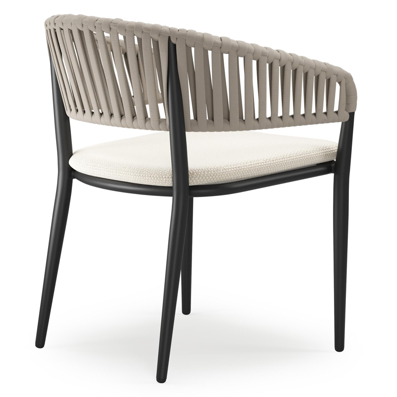 Tolfa stapelbare tuinstoel in zwart aluminium en beige verticaal geweven luxe vlakke brede rope met stoelkussen in All Weather Cosytica Althea Off White