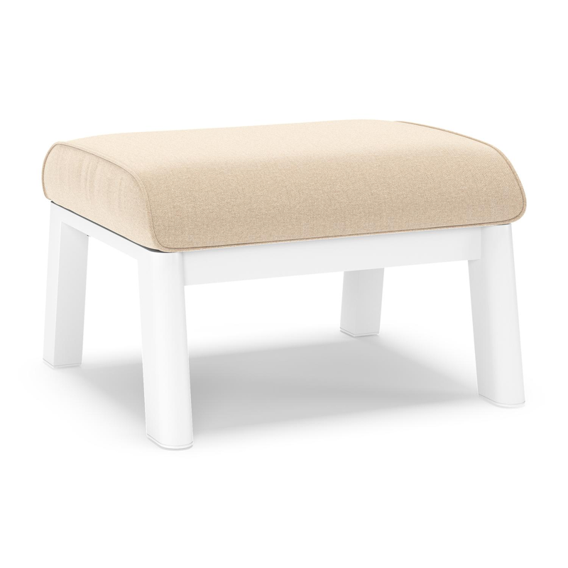 Pouf Cirello en aluminium blanc et coussins en all weather sunbrella® luxe natte heather beige