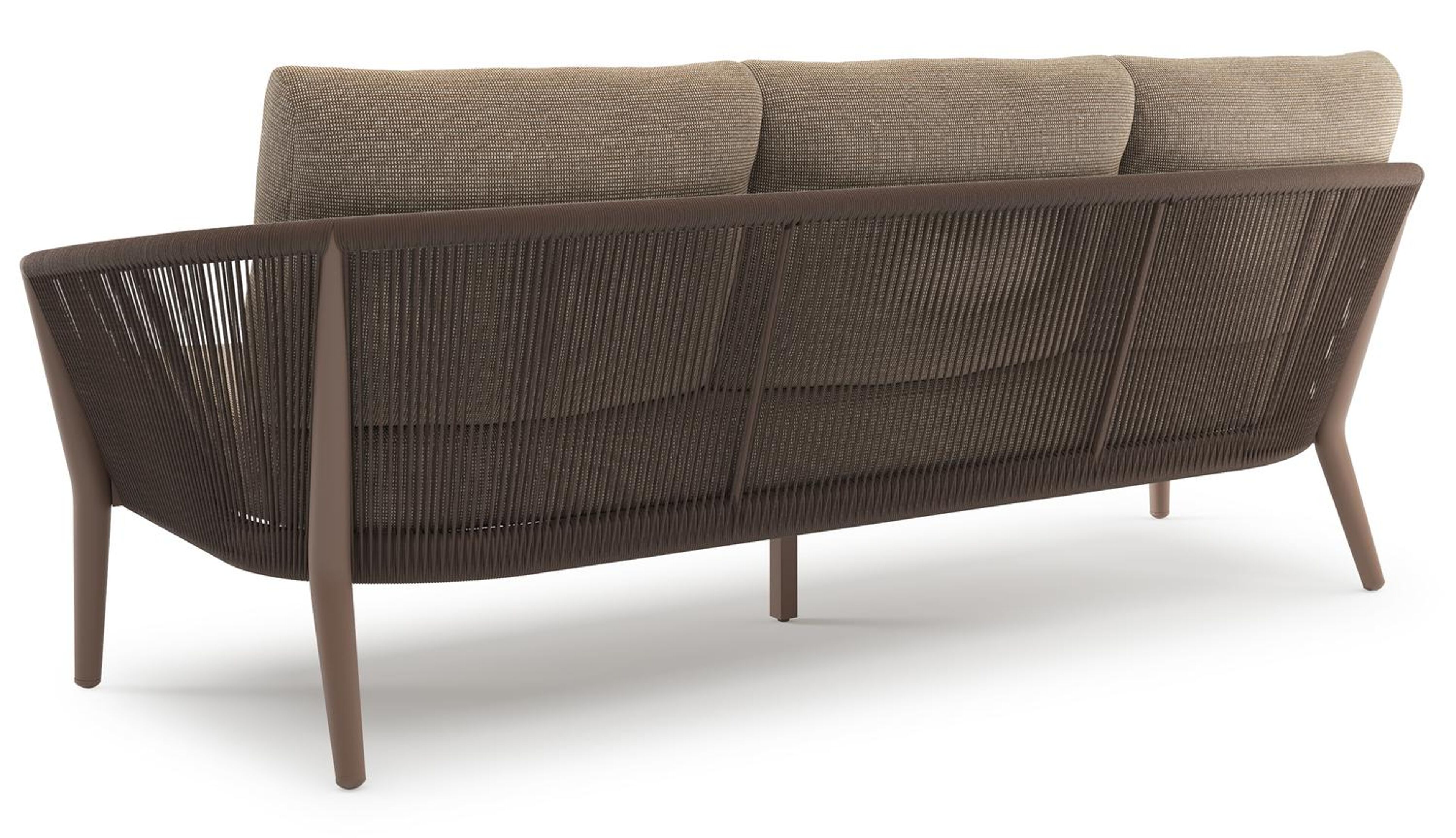 Canapé de jardin Orso en aluminium taupe en corde ronde tissée verticalement noir et coussins en all weather solica Firenze Earth