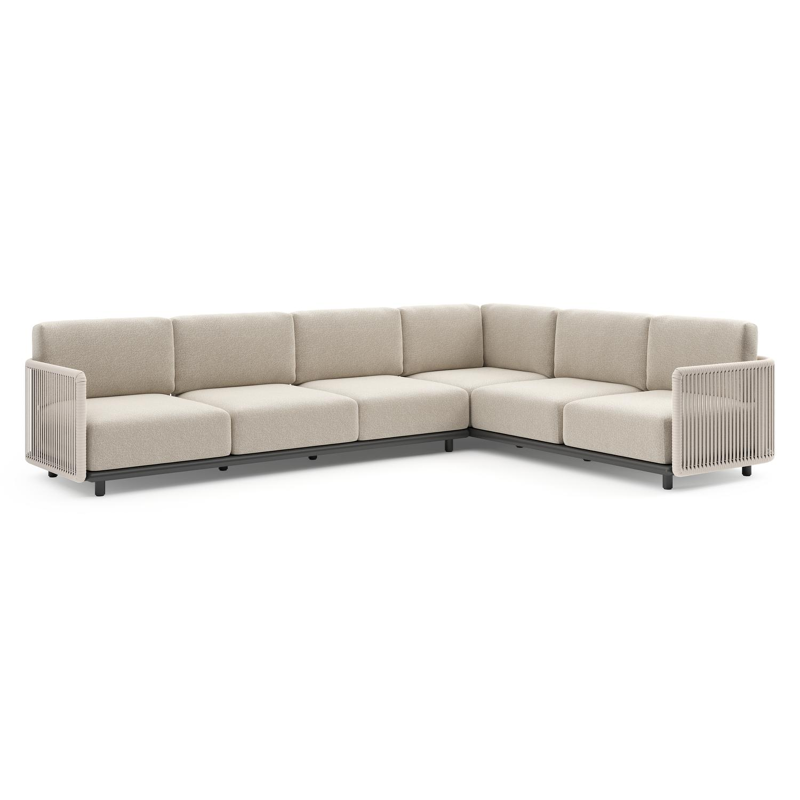 Salon de jardin d'angle Organo en aluminium noir et corde luxe plate tissée verticalement beige et coussin en all weather Cosytica marbella ecru