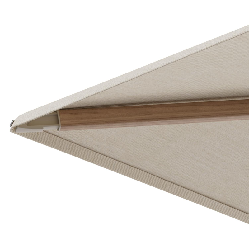Parasol pendant Minore avec fonction tilt avec fonction tilt en aluminium aspect bois et toile de parasol beige All Weather Sunbrella Premium – Lg.1 400 x Lg.2 300 cm (sans pied