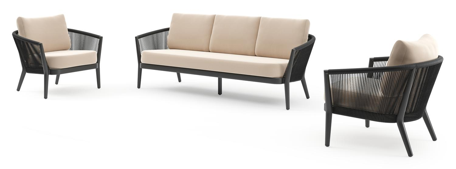 Orso loungeset in zwart aluminium en zwart verticaal geweven ronde rope met Natte Linen Chalk all weather sunbrella® luxe kussen