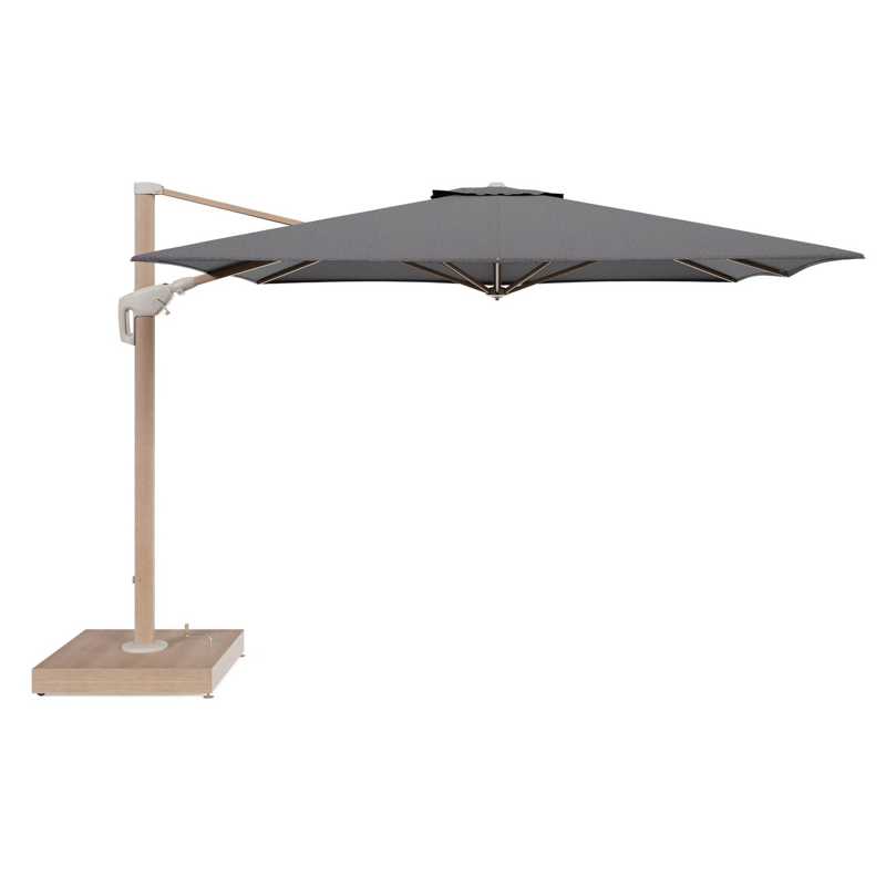 Minore zweefparasol met tiltfunctie in houtlook aluminium en Firenze Tunder All Weather Solica parasoldoek - L1 350 x L2 350 cm met parasolvoet Minore 260 kg met wielen