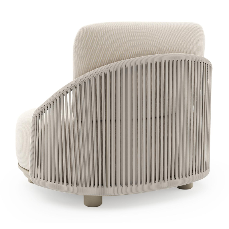 Fauteuil de jardin Vadelo en aluminium beige et corde ronde tissée verticalement beige et coussins en all weather sunbrella® luxe lopi antique