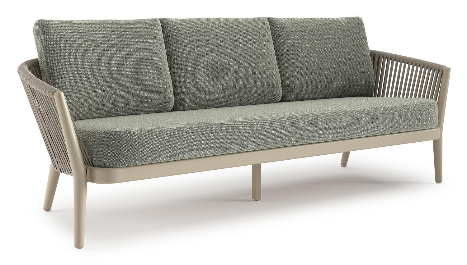 Orso loungebank in beige aluminium en beige verticaal geweven ronde rope met Savane Leaf all weather sunbrella® luxe kussen