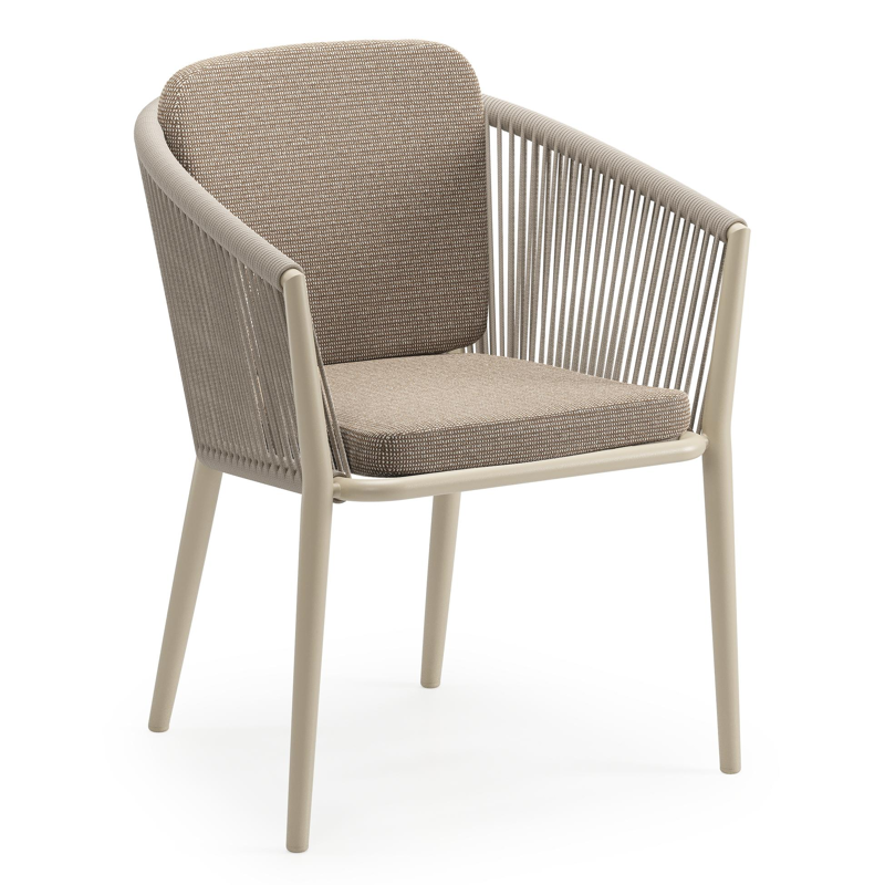 Orso tuinstoel in beige aluminium en beige verticaal geweven ronde rope met zitkussen in All Weather Solica Firenze Earth