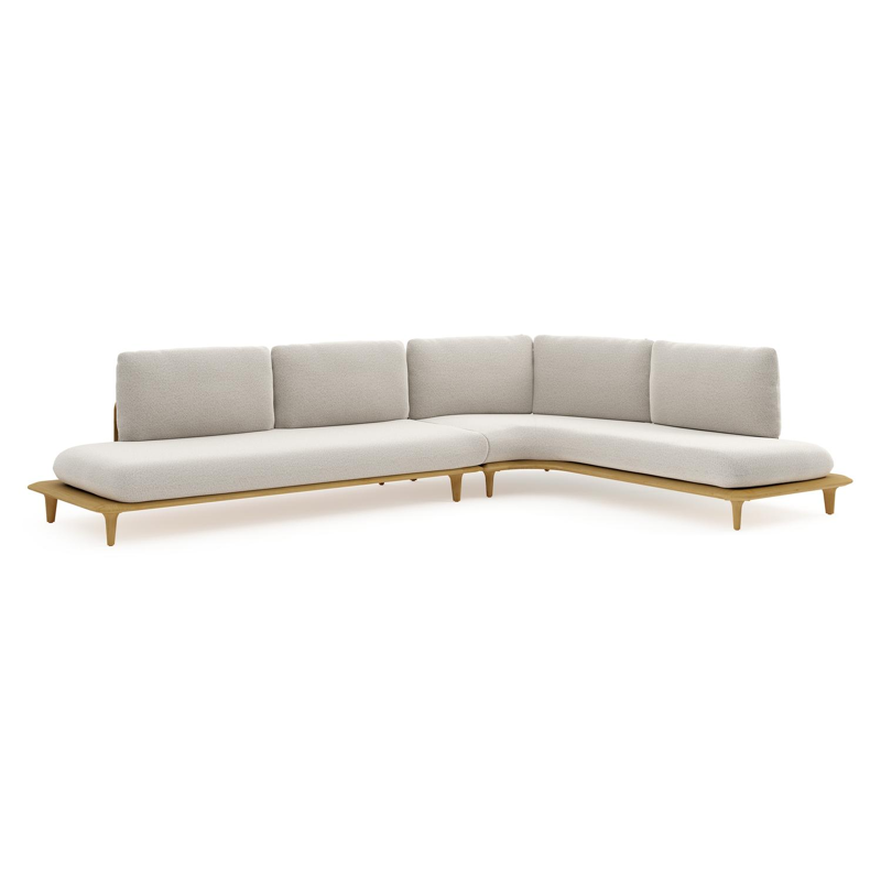 Salon de jardin d'angle Bomero en teck et coussins en all weather solica firenze natural