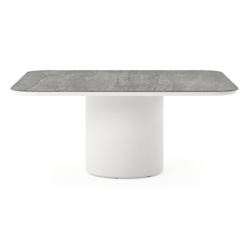 Amico low dining tuintafel afgerond vierkant in wit aluminium en volkeramiek Aspen Grey - L 148 x B 148 x H 61 cm