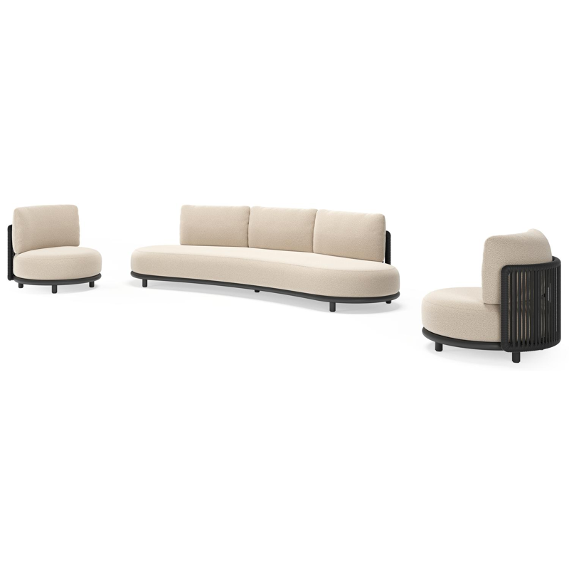 Lomano loungeset in zwart aluminium en zwart verticaal geweven luxe vlakke rope met lopi sand all weather sunbrella® luxe kussen