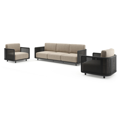 Organo loungeset in zwart aluminium en zwart verticaal geweven luxe vlakke rope met bora jungle all weather Cosytica kussen