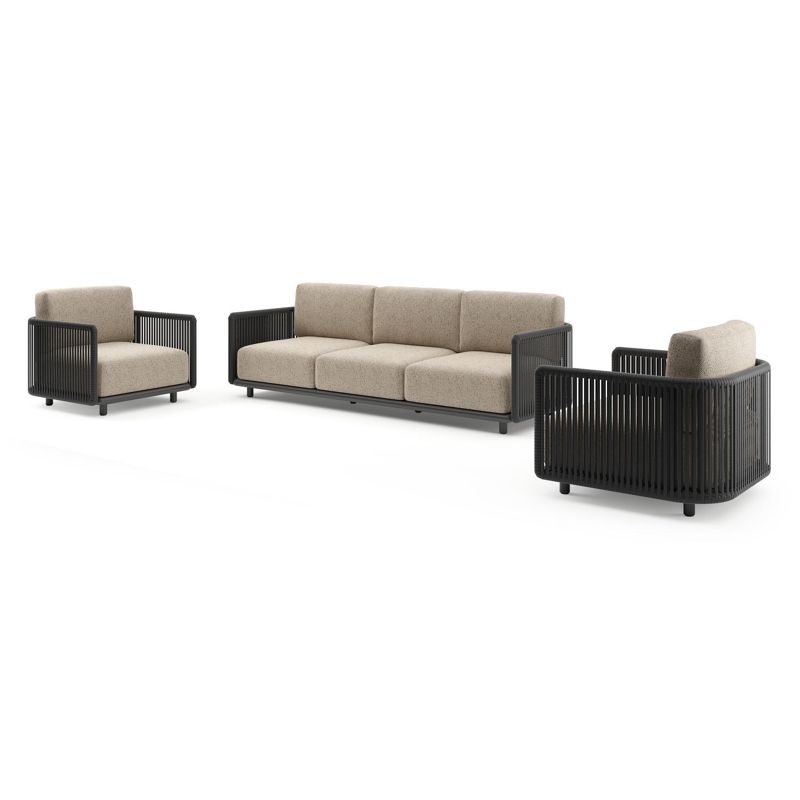 Organo loungeset in zwart aluminium en zwart verticaal geweven luxe vlakke rope met bora jungle all weather Cosytica kussen