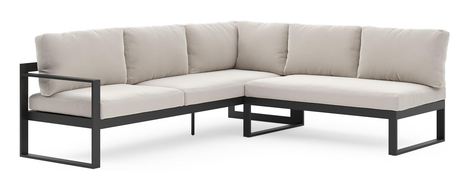 Salon de jardin d'angle Caldela en aluminium noir et coussins en weather+ softtouch beige