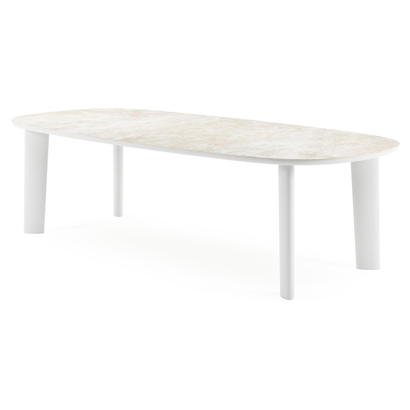 Table de jardin Amico bombo en aluminium blanc et céramique pleine Rapolano - Lg. 270 x Lrg. 125 x Haut. 73.5 cm