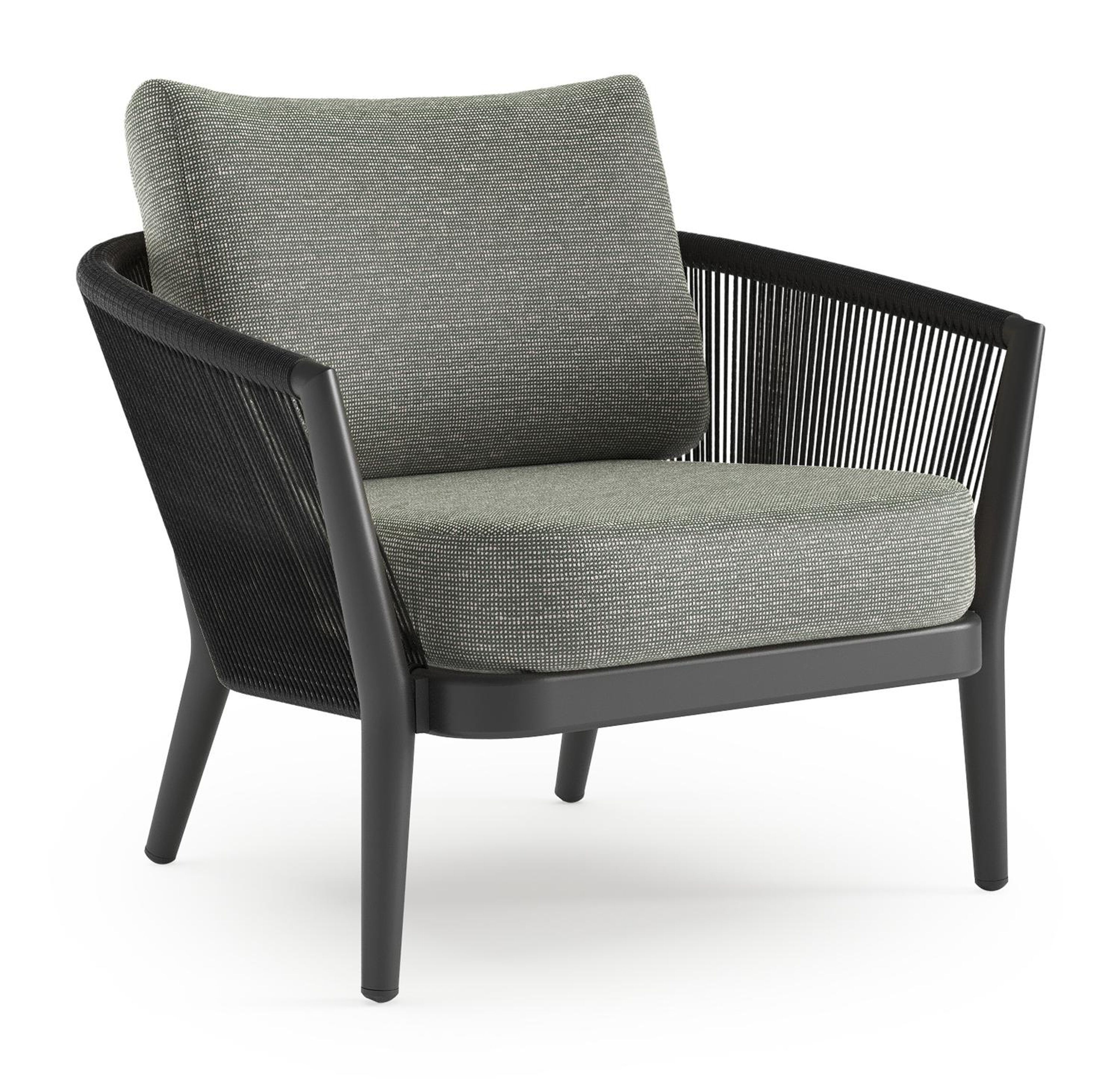 Orso loungestoel in zwart aluminium en zwart verticaal geweven ronde rope met Slow Fern all weather sunbrella® luxe kussen
