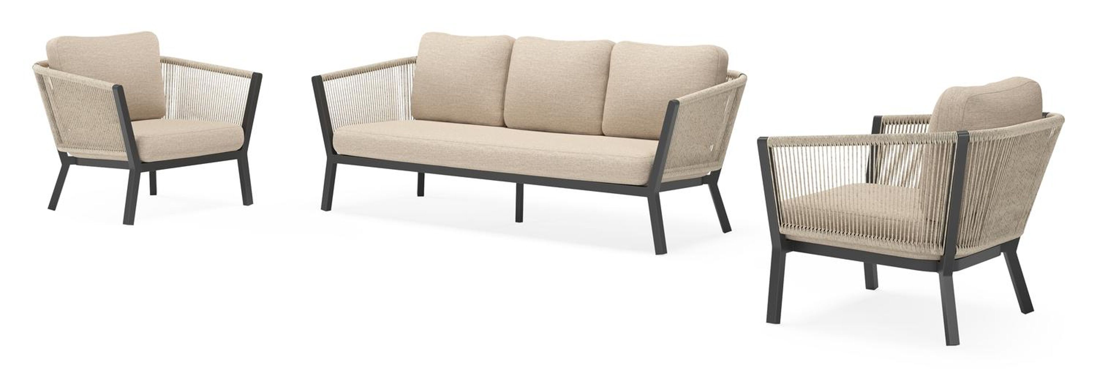 Salon de jardin Cordoba en aluminium noir et corde ronde tissée verticalement beige et coussins en weather+ softtouch rustic