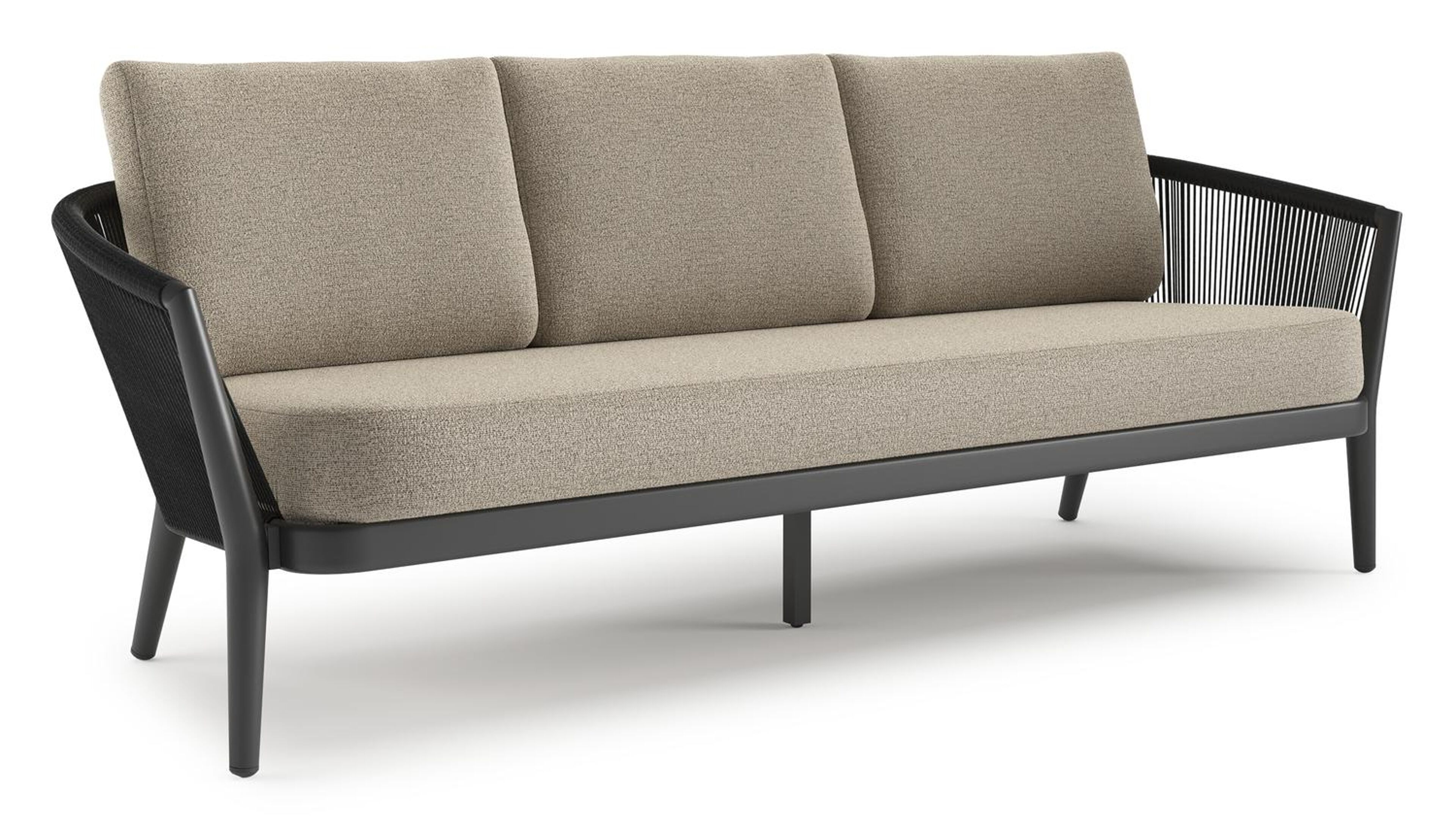 Orso loungebank in zwart aluminium en zwart verticaal geweven ronde rope met Catania Beige all weather cosytica kussen