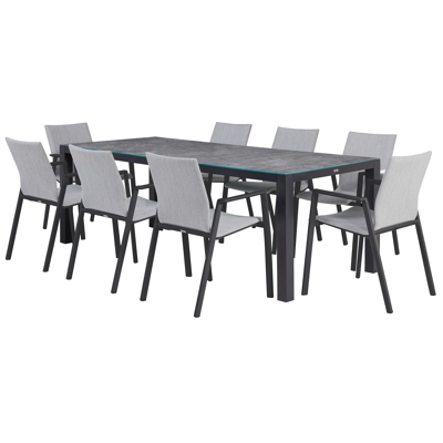 Ensemble de jardin Varese en aluminium noir avec plateau de table en céramique verre gris et 8 chaises de jardin empilables Madura