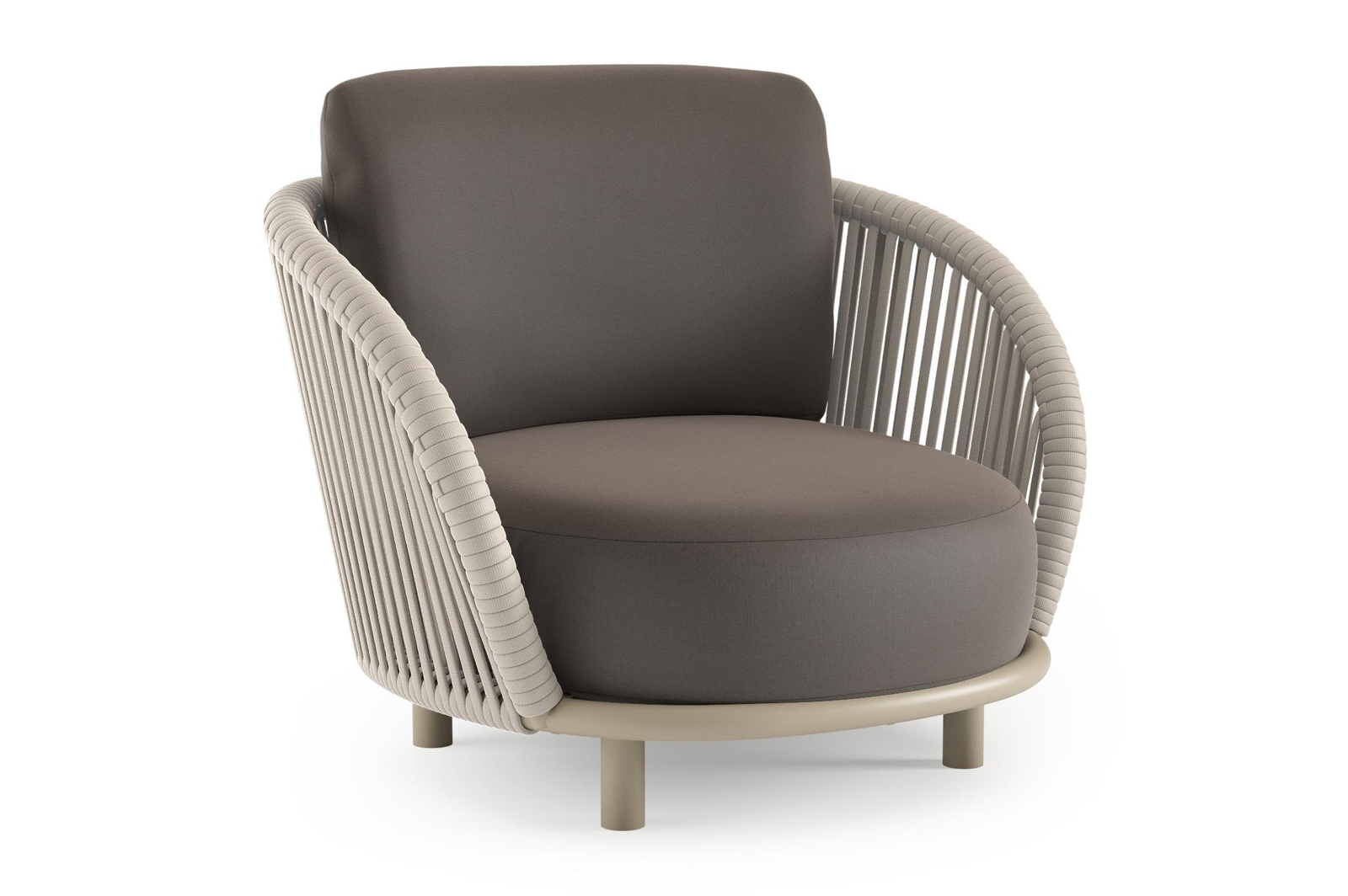 Lupino loungestoel in beige aluminium en beige verticaal geweven luxe vlakke brede rope met natte nature grey all weather sunbrella® luxe kussen