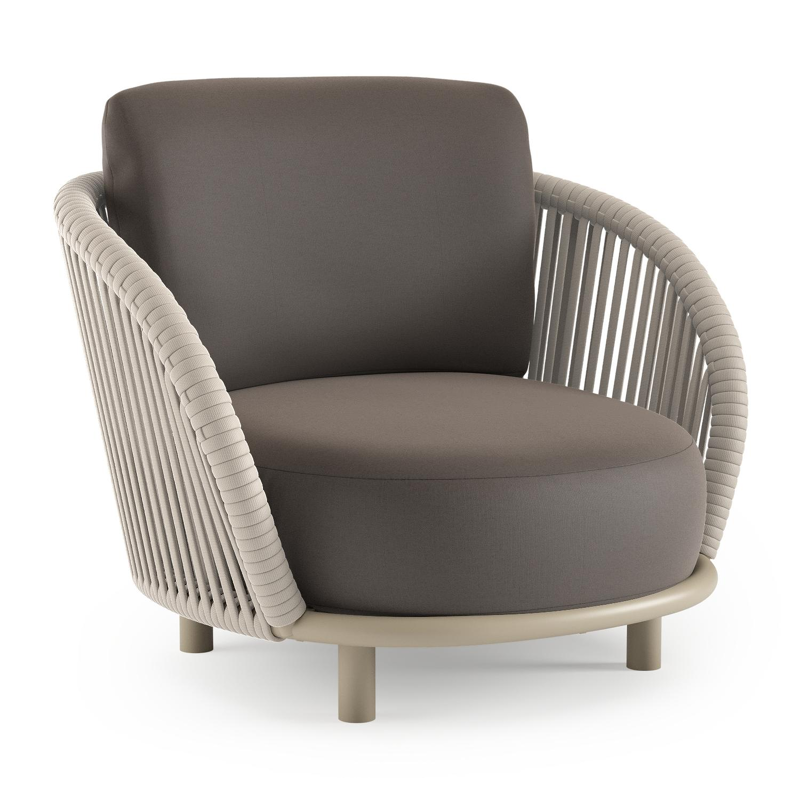 Fauteuil de jardin Lupino en aluminium beige et corde large plate de luxe tissée verticalement beige et coussins en all weather sunbrella® luxe natte nature grey