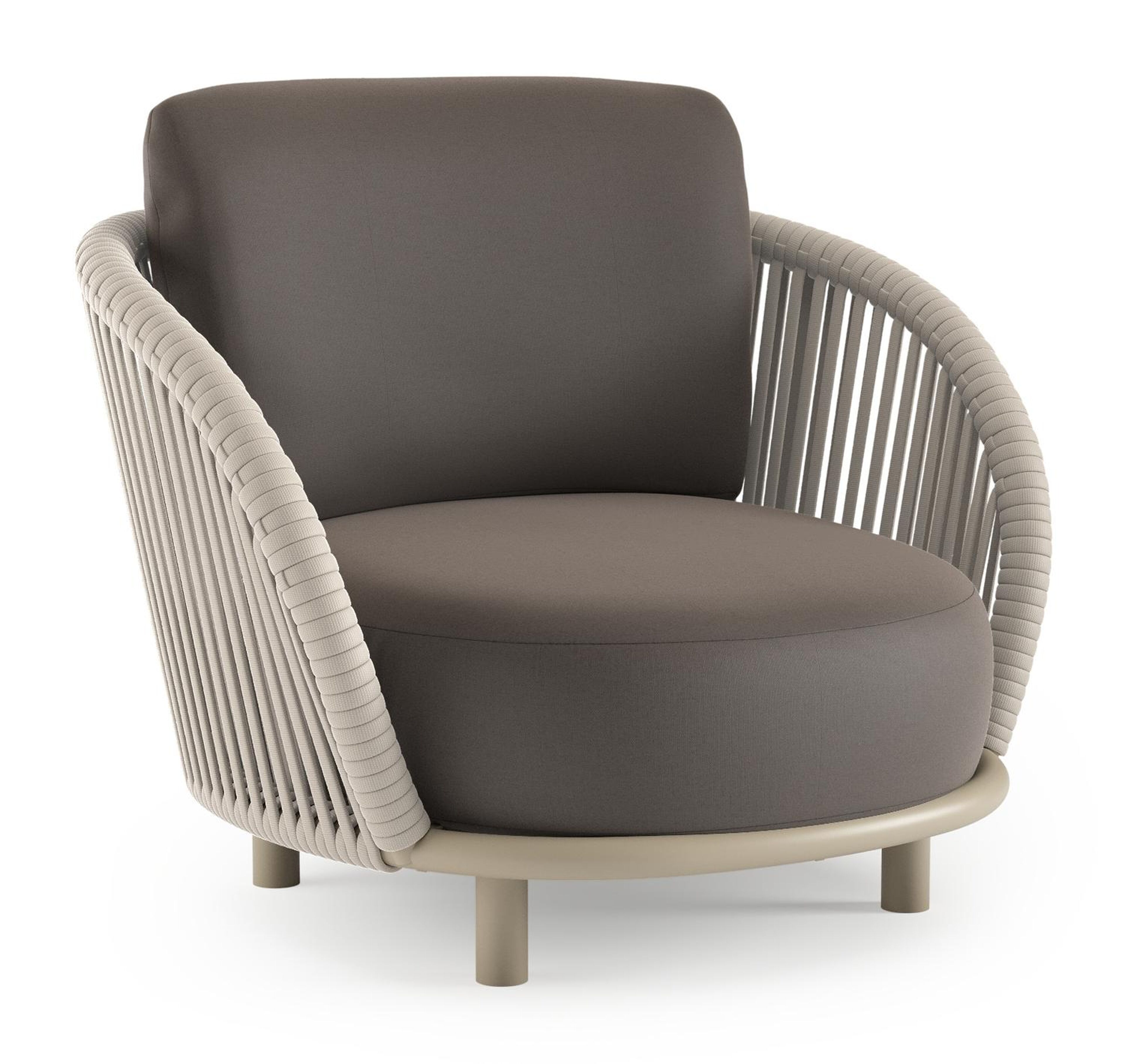 Fauteuil de jardin Lupino en aluminium beige et corde large plate de luxe tissée verticalement beige et coussins en all weather sunbrella® luxe natte nature grey