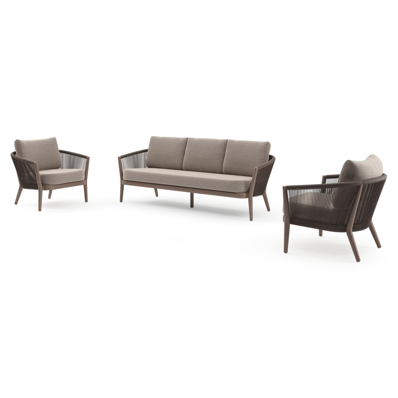 Salon de jardin Orso en aluminium taupe en corde ronde tissée verticalement noir et coussins en all weather sunbrella® luxe Wander Manioc