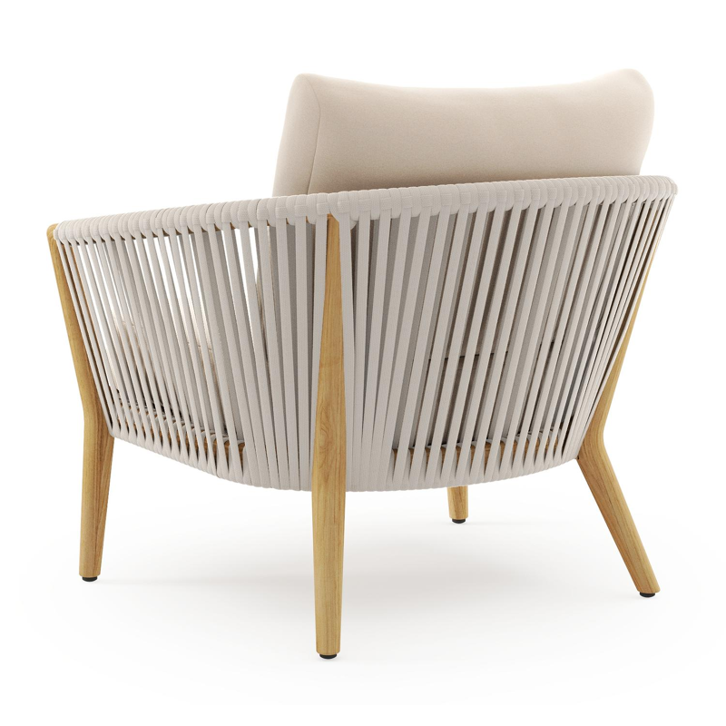 Orso loungestoel in teak en beige verticaal geweven luxe vlakke rope met Natte Linen Chalk all weather sunbrella® luxe kussen