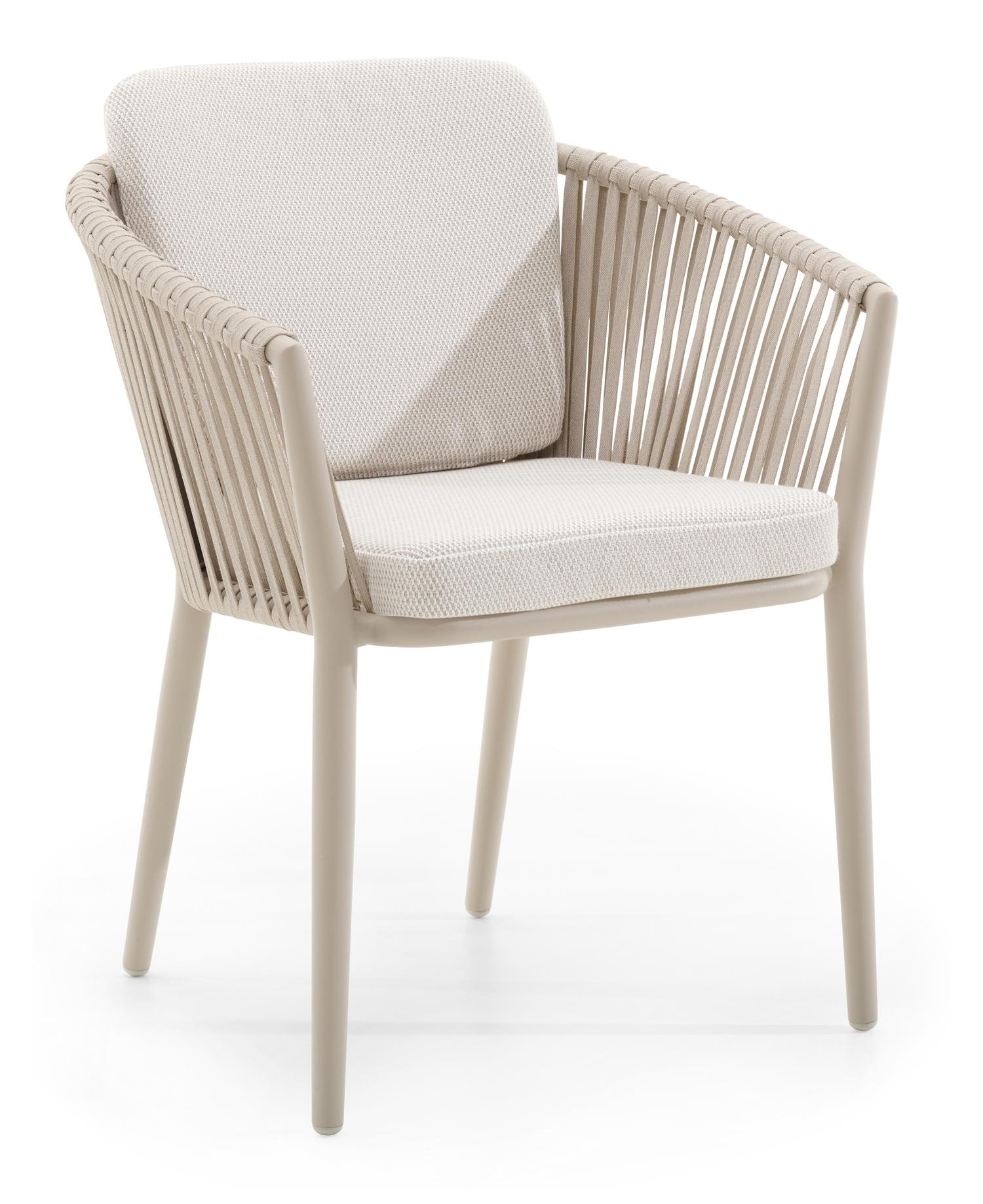 Orso tuinstoel in beige aluminium en beige verticaal geweven vlakke rope met Lopi Marble All Weather Sunbrella® Luxe kussen