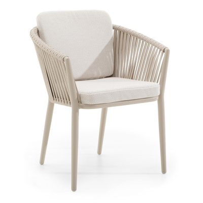 Chaise de jardin Orso en aluminium beige et corde plate tissée verticalement beige avec coussin All Weather Sunbrella® Luxe Lopi Marble