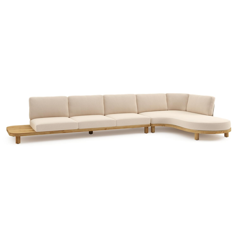 Donato loungehoek in teak en beige verticaal geweven ronde rope met all weather sunbrella® luxe Heritage Papyrus kussen
