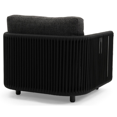 Organo loungestoel 1-zit in zwart aluminium en zwart verticaal geweven luxe vlakke rope met chartres sooty all weather sunbrella® luxe kussen