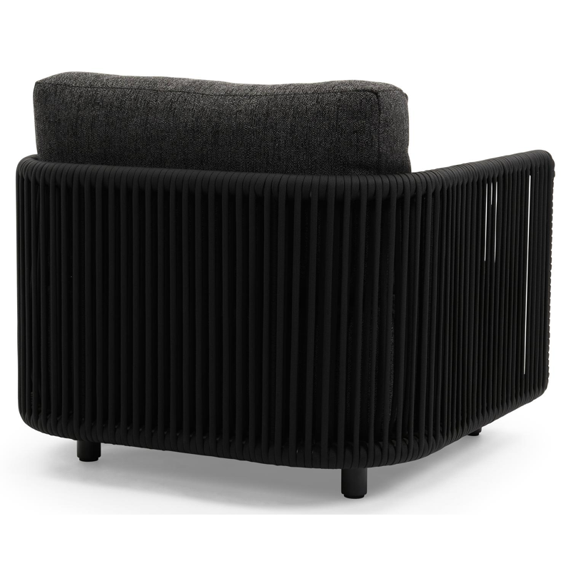 Organo loungestoel 1-zit in zwart aluminium en zwart verticaal geweven luxe vlakke rope met chartres sooty all weather sunbrella® luxe kussen