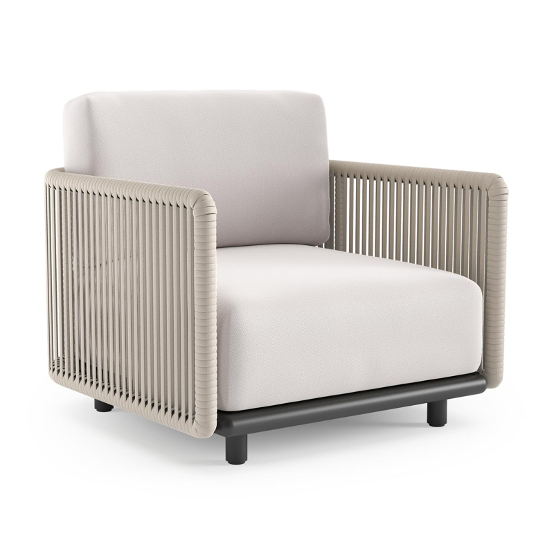 Organo loungestoel in zwart aluminium en beige verticaal geweven luxe vlakke rope met savane whisper all weather Sunbrella® luxe kussen
