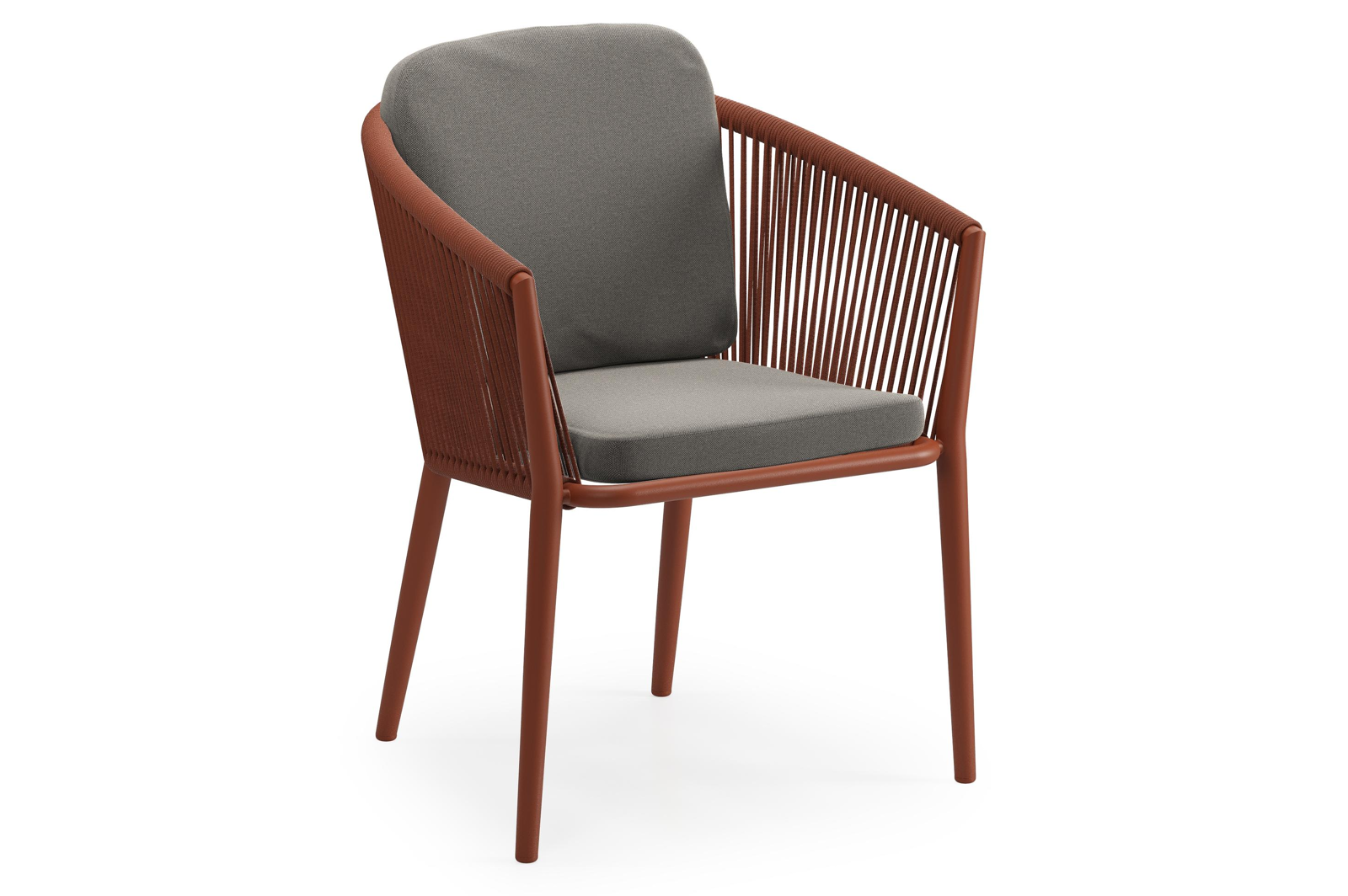 Chaise de jardin Orso en aluminium brun rouille et corde ronde tissée verticalement brun rouille avec coussin luxe en All Weather Sunbrella® Luxe Natte Dark Taupe