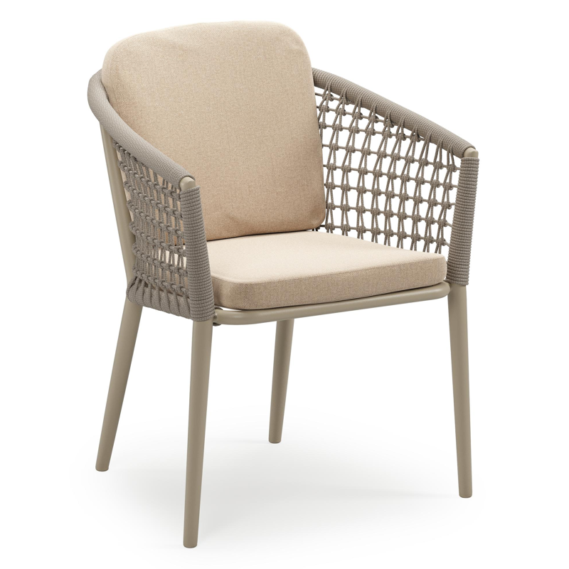 Chaise de jardin empilable Orso en aluminium beige et corde ronde tissée résille beige avec coussin en All Weather Sunbrella® Luxe Natte Heather Beige