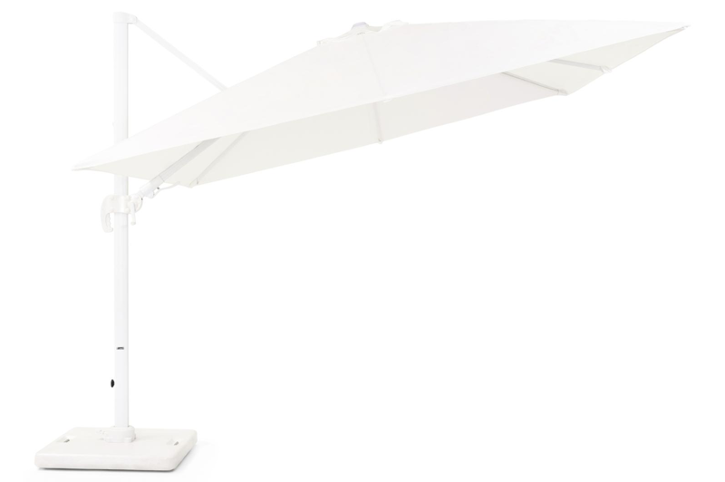 Avola zweefparasol met tiltfunctie in wit aluminium met wit weather+ softtouch parasoldoek - L1: 300 x L2: 300 cm (met voet)