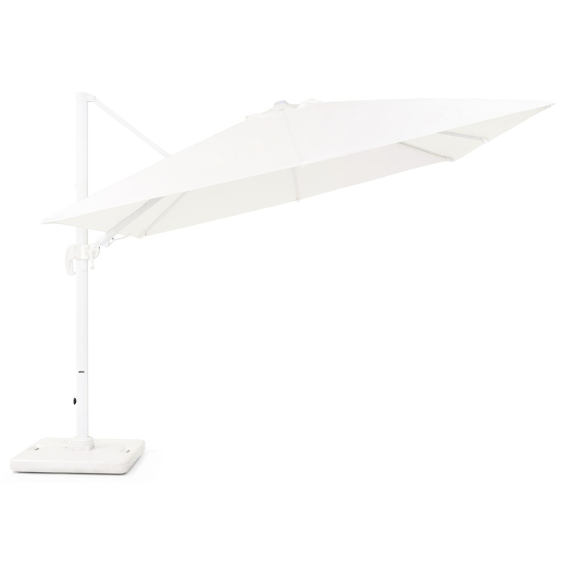Avola zweefparasol met tiltfunctie in wit aluminium met wit weather+ softtouch parasoldoek - L1: 300 x L2: 300 cm (met voet)