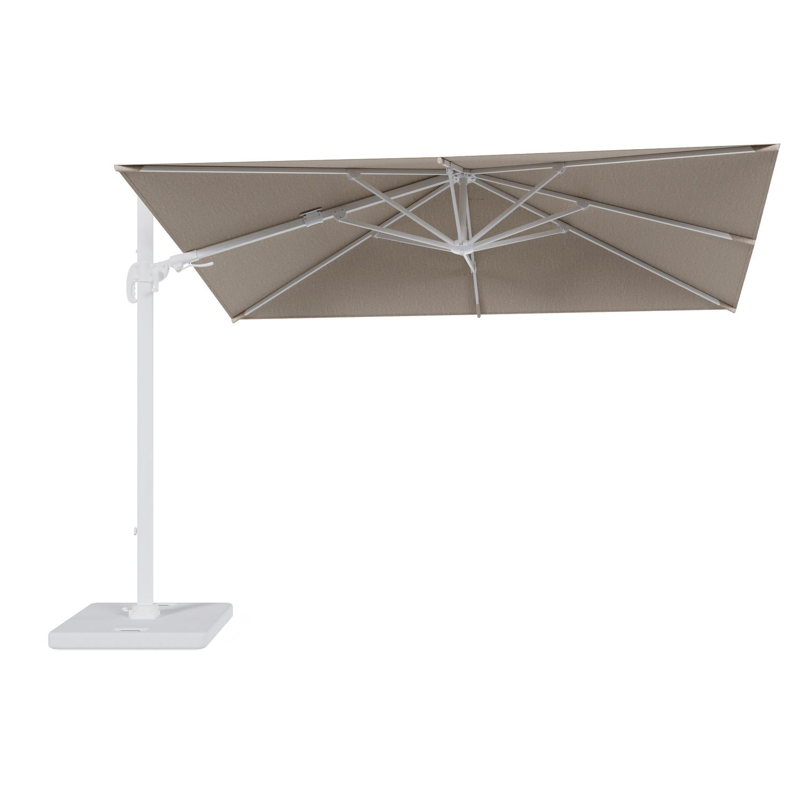 Avola zweefparasol met tiltfunctie in wit aluminium en natural Weather+ Softtouch parasoldoek - L1 200 x L2 300 cm met parasolvoet Pedito 120 kg
