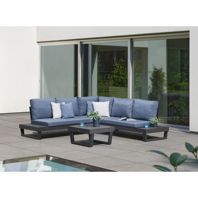 Modica loungehoek in zwart aluminium met denim weather+ softtouch kussens
