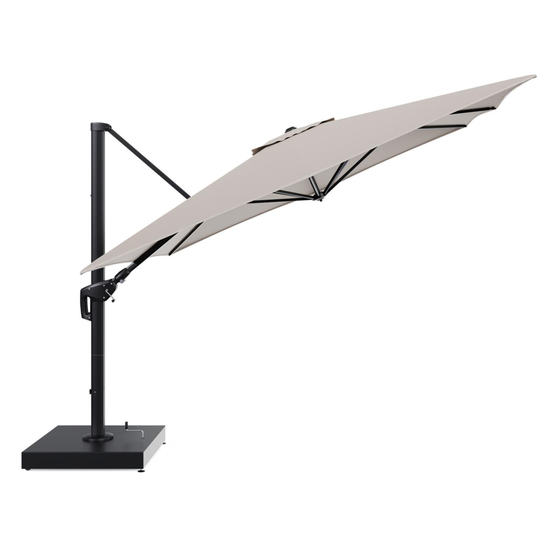 Minore zweefparasol met tiltfunctie in zwart aluminium en Heritage Ash All Weather Sunbrella® Luxe parasoldoek - L1 350 x L2: 350 cm met parasolvoet Minore 260 kg met wielen
