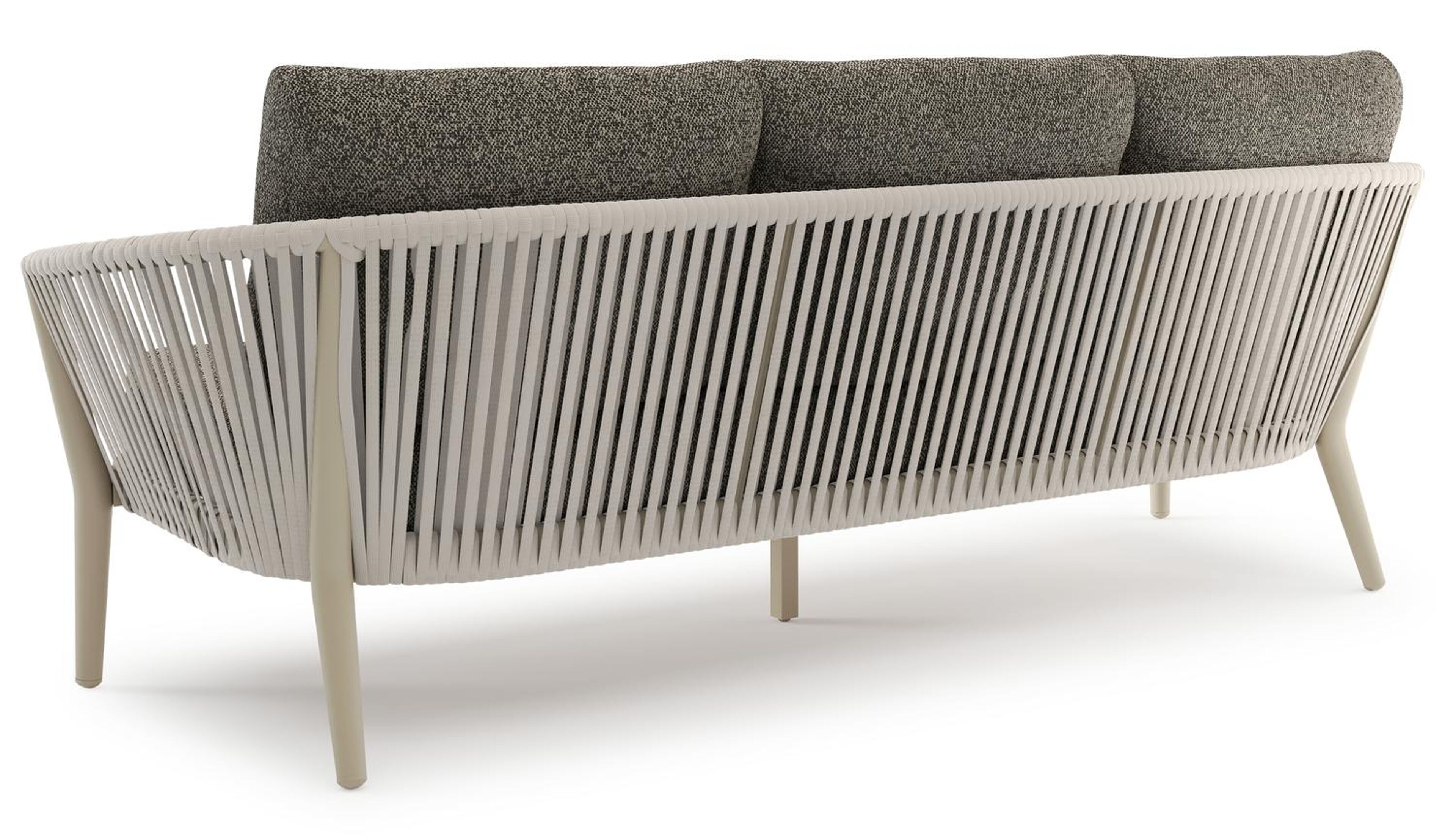 Orso loungeset in beige aluminium en beige verticaal geweven luxe vlakke rope met Marbella Tunder all weather cosytica kussen