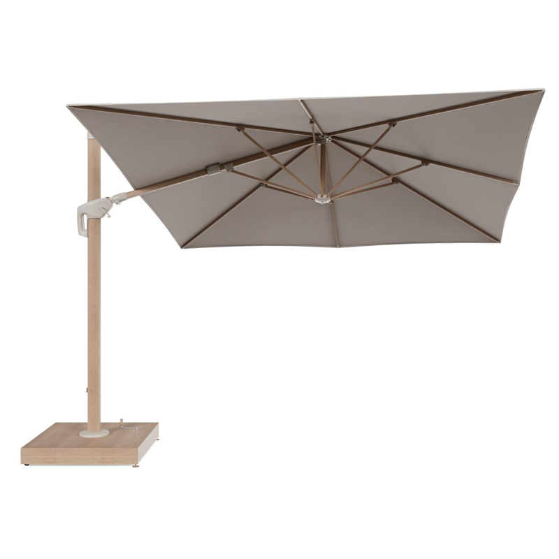Minore zweefparasol met tiltfunctie in houtlook aluminium en Heritage Ash All Weather Sunbrella® Luxe parasoldoek - L1: 350 x L2: 350 cm met parasolvoet Minore 260 kg met wielen