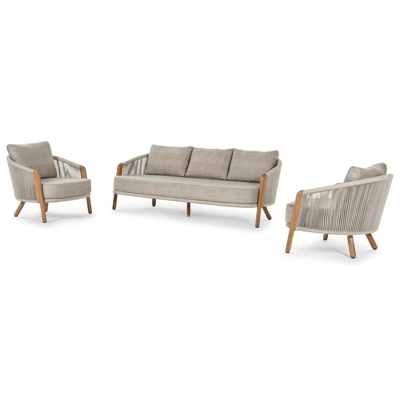 Gardo loungeset in teak en beige verticaal geweven ronde rope met chartres pewter all weather sunbrella® luxe kussens
