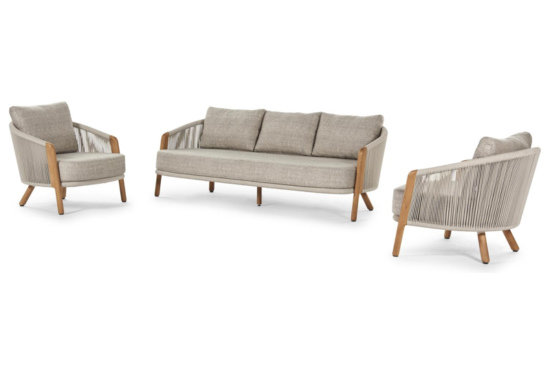 Gardo loungeset in teak en beige verticaal geweven ronde rope met chartres pewter all weather sunbrella® luxe kussens