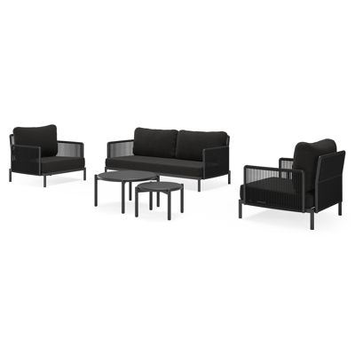 Amarante loungeset in zwart aluminium en zwart verticaal geweven ronde rope met zwart Weather+ Softtouch kussen