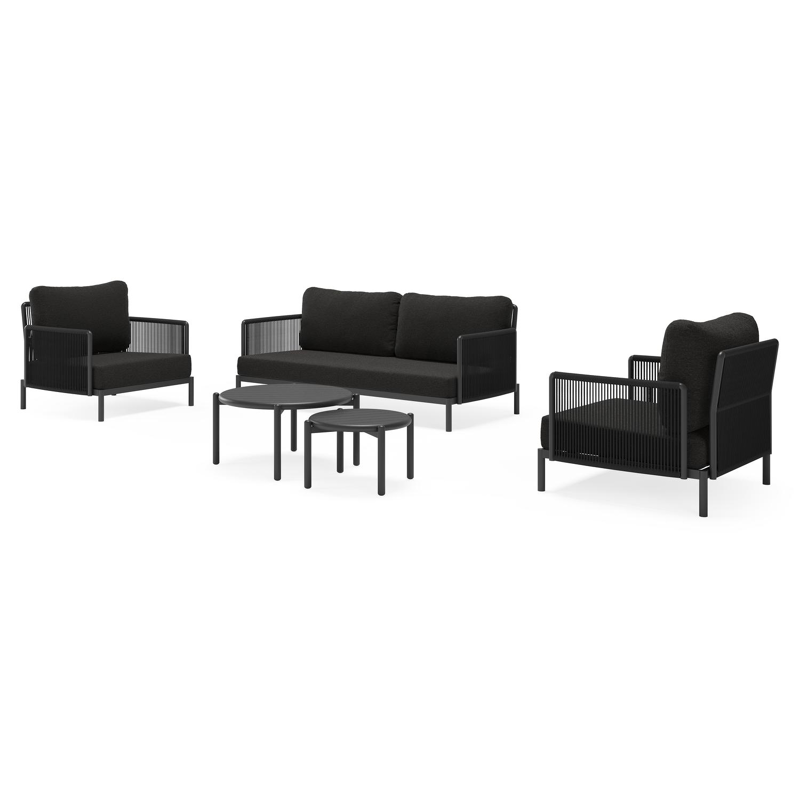 Amarante loungeset in zwart aluminium en zwart verticaal geweven ronde rope met zwart Weather+ Softtouch kussen